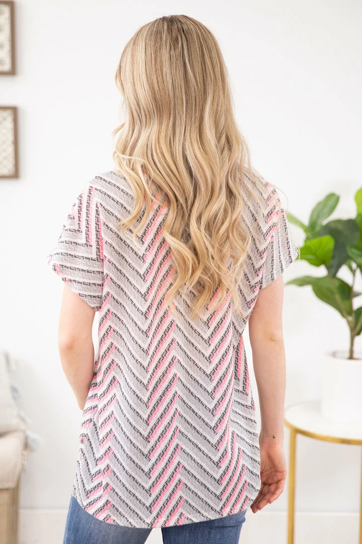 Lovely Melody SHORT SLEEVES Neon Pink And Grey Chevron Textured Knit Top 7 Lovely Melody SHORT SLEEVES Neon Pink And Grey Chevron Textured Knit Top