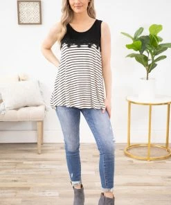 Lovely Melody Black And Ivory Stripe Tank With Lace Detail