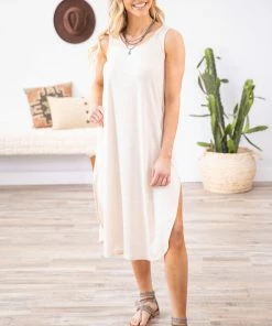 Chris & Carol Beige Rib Knit Round Neck Dress Dresses