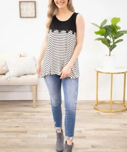 Lovely Melody Black And Ivory Stripe Tank With Lace Detail