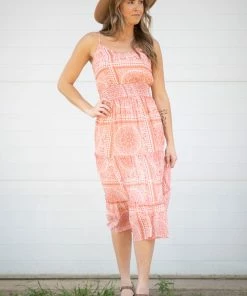 Blue B Dresses Coral Medallion Print Smocked Waist Midi Dress