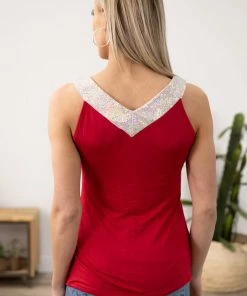 Blumin Apparel Red Sequin Trim V-Neck Tank Tops