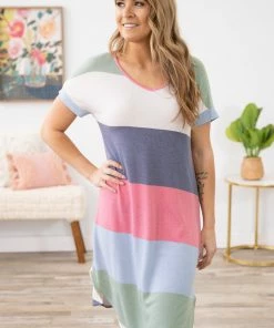 Chris & Carol Sage And Pink Colorblock Midi Dress