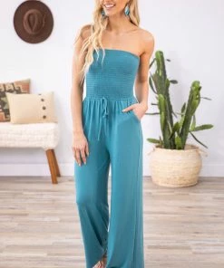Zenana Turquoise Smocked Bodice Strapless Jumpsuit Dresses