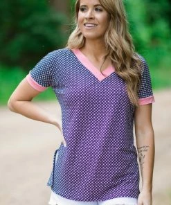 P & Rose Tops Navy And Pink Polka Dot Print V-Neck Top