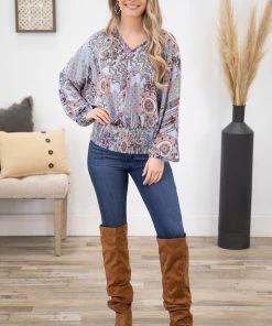 Heyson Light Blue Boho Print Smocked Waist Top LONG SLEEVES