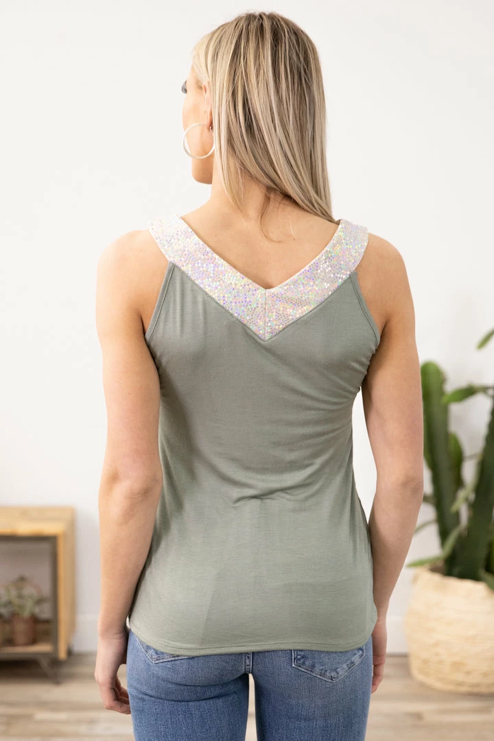 Blumin Apparel Tops Sage Sequin Trim V-Neck Tank 6 Blumin Apparel Tops Sage Sequin Trim V-Neck Tank