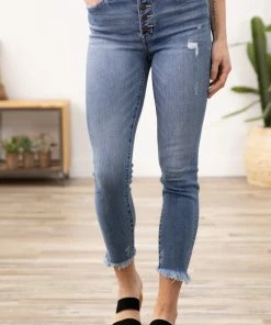 Zenana Light Wash High Rise Button Fly Fray Hem Jeans