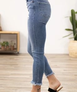 Zenana Light Wash High Rise Button Fly Fray Hem Jeans