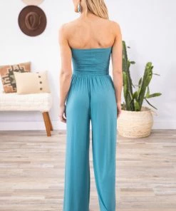 Zenana Turquoise Smocked Bodice Strapless Jumpsuit Dresses 10 Zenana Turquoise Smocked Bodice Strapless Jumpsuit Dresses