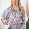 Heyson Light Blue Boho Print Smocked Waist Top LONG SLEEVES