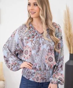 Heyson Light Blue Boho Print Smocked Waist Top LONG SLEEVES