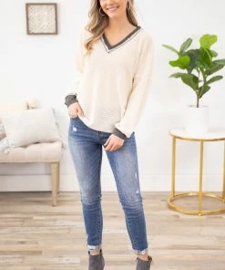 Lovely Melody LONG SLEEVES Cream And Charcoal Contrast Stitch V-Neck Top