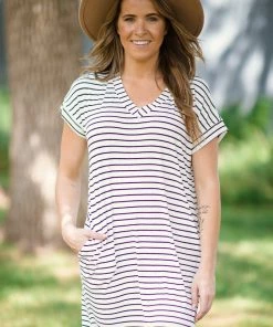 White Birch White And Black Stripe V-Neck Dress Dresses