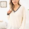 Lovely Melody LONG SLEEVES Cream And Charcoal Contrast Stitch V-Neck Top