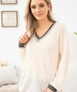 Lovely Melody LONG SLEEVES Cream And Charcoal Contrast Stitch V-Neck Top