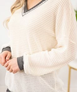 Lovely Melody LONG SLEEVES Cream And Charcoal Contrast Stitch V-Neck Top