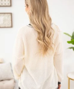 Lovely Melody LONG SLEEVES Cream And Charcoal Contrast Stitch V-Neck Top