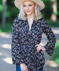 TRIPLE 7 Black And Taupe Floral Tie Waist Long Blazer Tops