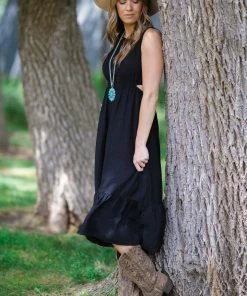 Blue Pepper Dresses Black Open Back Button Midi Dress