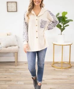 Lovely Melody Cream And Navy Floral Print Sleeve Shacket Outerwear 11 Lovely Melody Cream And Navy Floral Print Sleeve Shacket Outerwear