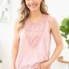 Hailey And Co TANK TOPS Blush Tank With Crochet Lace Bodice