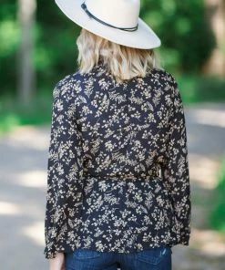 TRIPLE 7 Black And Taupe Floral Tie Waist Long Blazer Tops