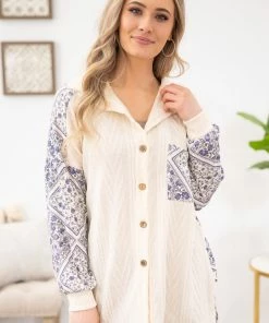 Lovely Melody Cream And Navy Floral Print Sleeve Shacket Outerwear 9 Lovely Melody Cream And Navy Floral Print Sleeve Shacket Outerwear