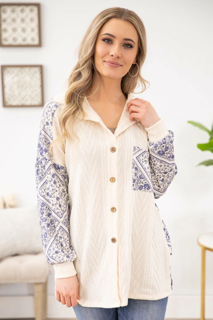 Lovely Melody Cream And Navy Floral Print Sleeve Shacket Outerwear 4 Lovely Melody Cream And Navy Floral Print Sleeve Shacket Outerwear