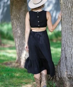 Blue Pepper Dresses Black Open Back Button Midi Dress