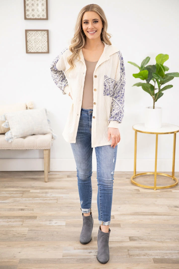 Lovely Melody Cream And Navy Floral Print Sleeve Shacket Outerwear 5 Lovely Melody Cream And Navy Floral Print Sleeve Shacket Outerwear