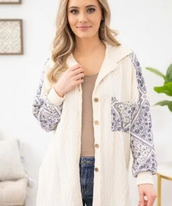 Lovely Melody Cream And Navy Floral Print Sleeve Shacket Outerwear