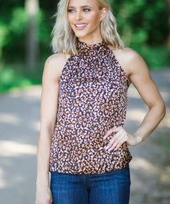 MILEY+MOLLY Black And Tan Animal Print Halter Neck Tank