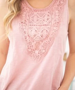 Hailey And Co TANK TOPS Blush Tank With Crochet Lace Bodice