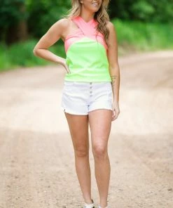 BIBI Tops Neon Pink And Yellow Criss-Cross Strap Tank