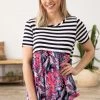 Honey Me Tops Navy And Pink Paisley Top With Stripe Bodice