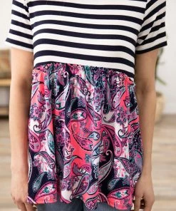 Honey Me Tops Navy And Pink Paisley Top With Stripe Bodice