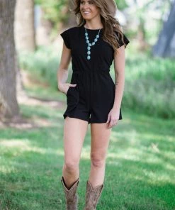 Doe & Rae Black Short Sleeve Tie Back Romper Dresses