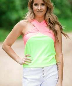 BIBI Tops Neon Pink And Yellow Criss-Cross Strap Tank