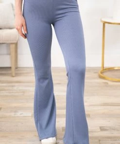 Blumin Apparel Dusty Blue Rib Knit Flare Pants Bottoms 9 Blumin Apparel Dusty Blue Rib Knit Flare Pants Bottoms