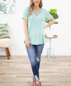 EC Collection Mint Rib Knit Criss-Cross Front Top SHORT SLEEVES