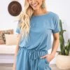 Zenana Dusty Blue Short Sleeve Elastic Waist Romper Dresses 2 Zenana Dusty Blue Short Sleeve Elastic Waist Romper Dresses