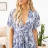 Final Touch Dusty Blue Floral Print Smocked Waist Romper Dresses