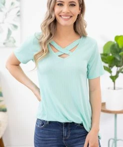 EC Collection Mint Rib Knit Criss-Cross Front Top SHORT SLEEVES
