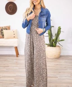 Zenana Tan Animal Print Smocked Bodice Jumpsuit Dresses