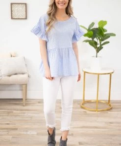 Staccato SHORT SLEEVES Cornflower And White Gingham Babydoll Top 11 Staccato SHORT SLEEVES Cornflower And White Gingham Babydoll Top