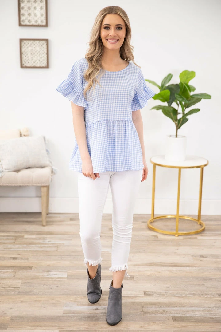 Staccato SHORT SLEEVES Cornflower And White Gingham Babydoll Top 6 Staccato SHORT SLEEVES Cornflower And White Gingham Babydoll Top