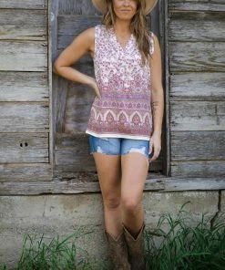 Staccato Ivory Multicolor Floral Border Print Tank Tops