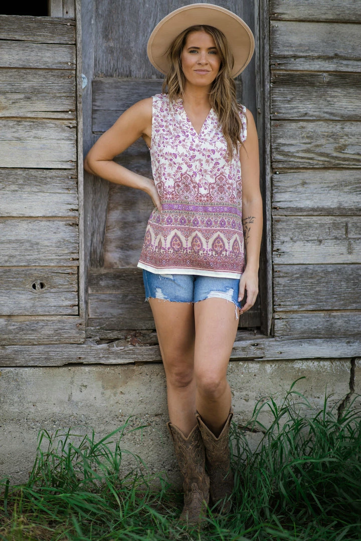 Staccato Ivory Multicolor Floral Border Print Tank Tops 4 Staccato Ivory Multicolor Floral Border Print Tank Tops