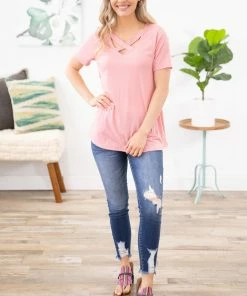 EC Collection SHORT SLEEVES Blush Rib Knit Criss-Cross Front Top